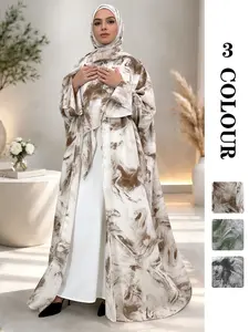 [Includes Hijab] Abaya Hijab Set Women's Artistic Ink Print Batwing Sleeve Long Robe Coat Set, Loose-Fitting Vacation Style Outerwear with Pockets, All Season Wear