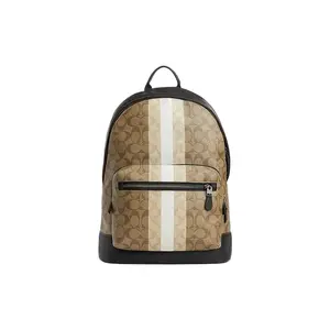 COACH West 32 Striped Classic Monogram Zip-Top PVC and Leather-Trimmed Backpack – Unisex, Large, Khaki and Multicolor