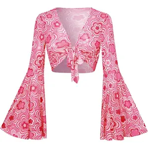 Women's Tie Front Bell Long Sleeve Blouse Sheer Mesh Crop Top