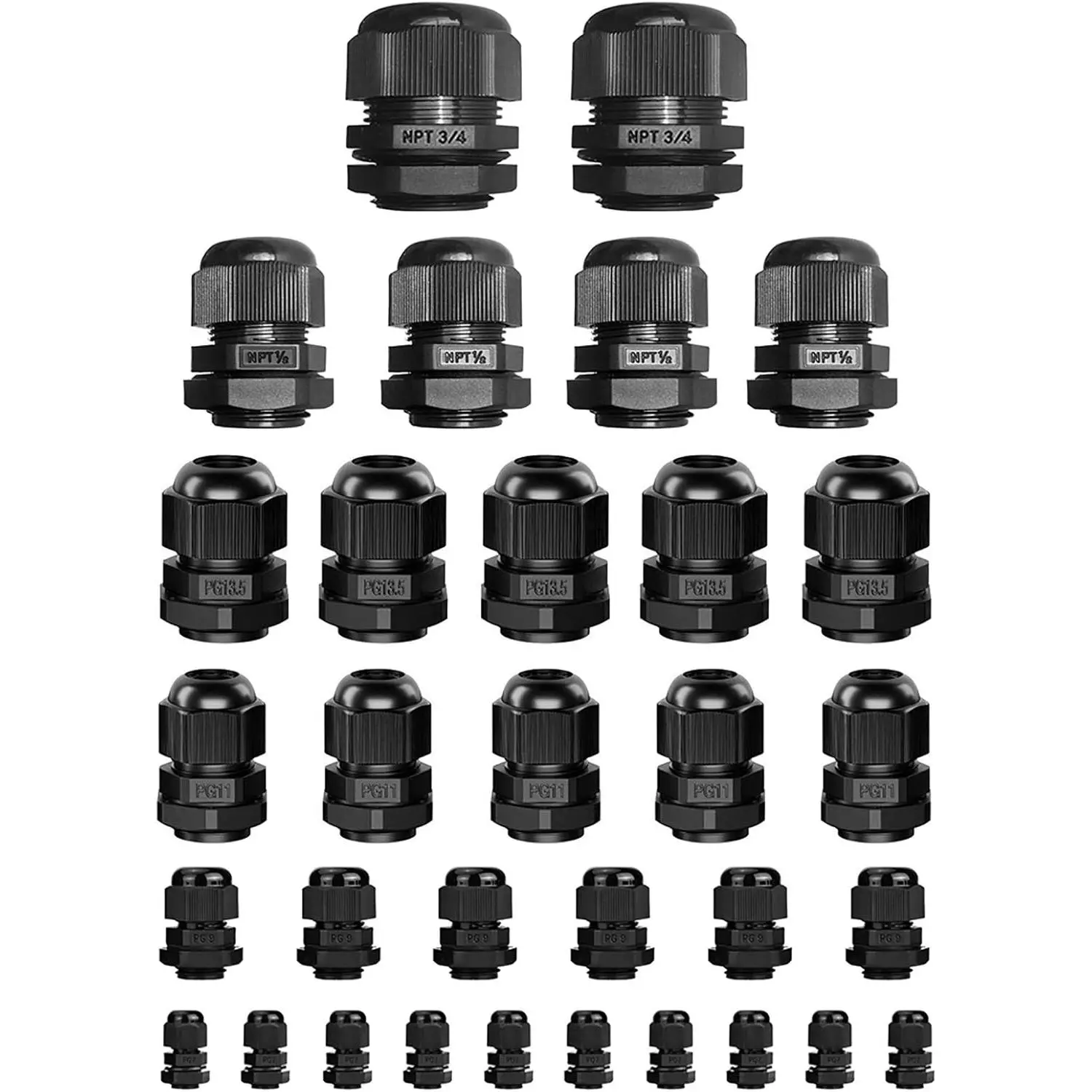 Black 32pcs IP68 Waterproof Plastic Nylon Cable Glands with Gaskets - NPT 3/4, NPT 1/2, PG13.5, PG11, PG9, PG7 - 3-18mm Cable Range, Easy Installation