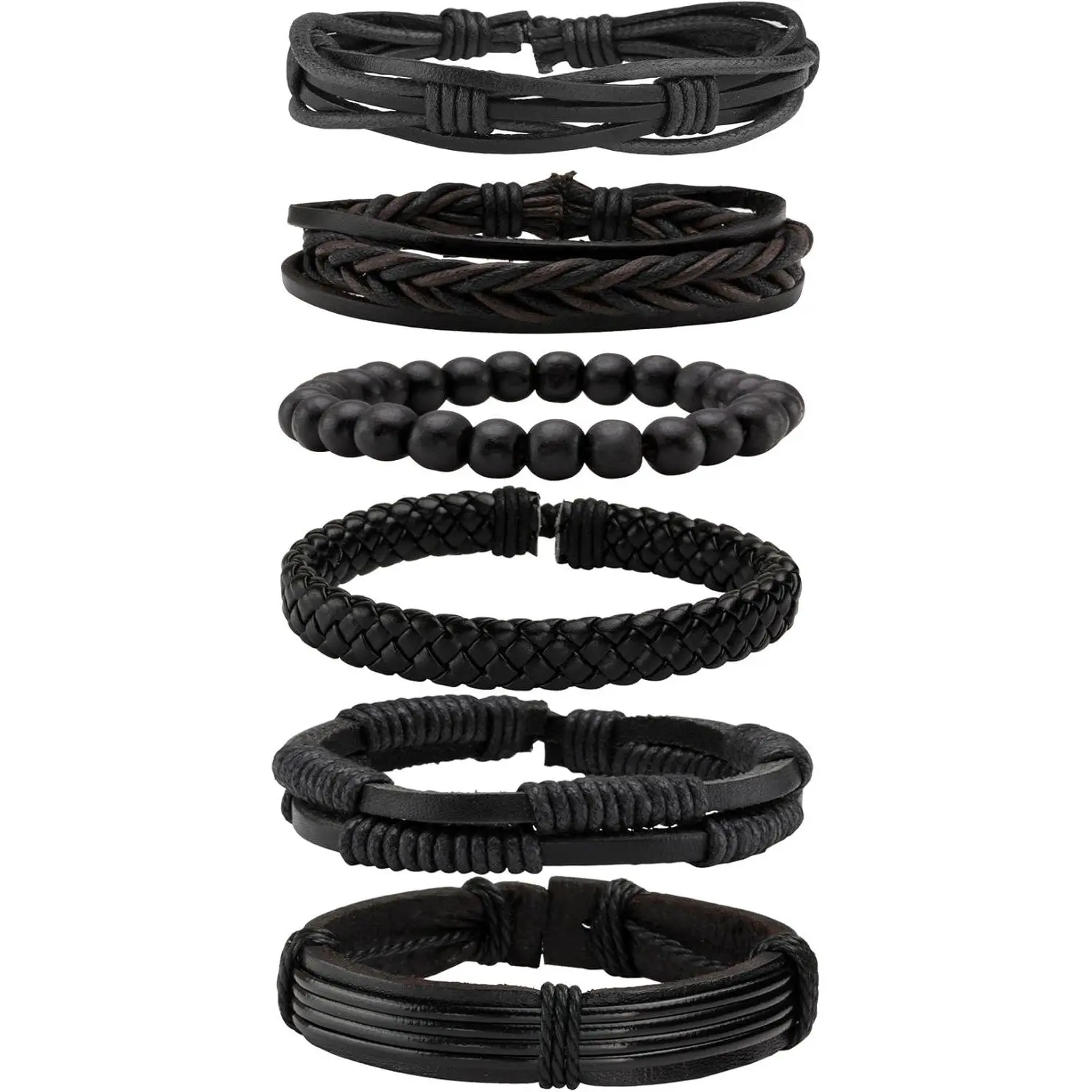 6 count Punk Braided Leather Bracelets for Men Women Cuff Wrap Wristbands Adjustable