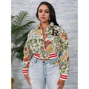 Women's Floral Print Collared Crop Varsity Jacket, Casual Fitted Long Sleeve Outerwear for Spring & Fall, Ladies Clothes for Daily Wear, Coats(gift)