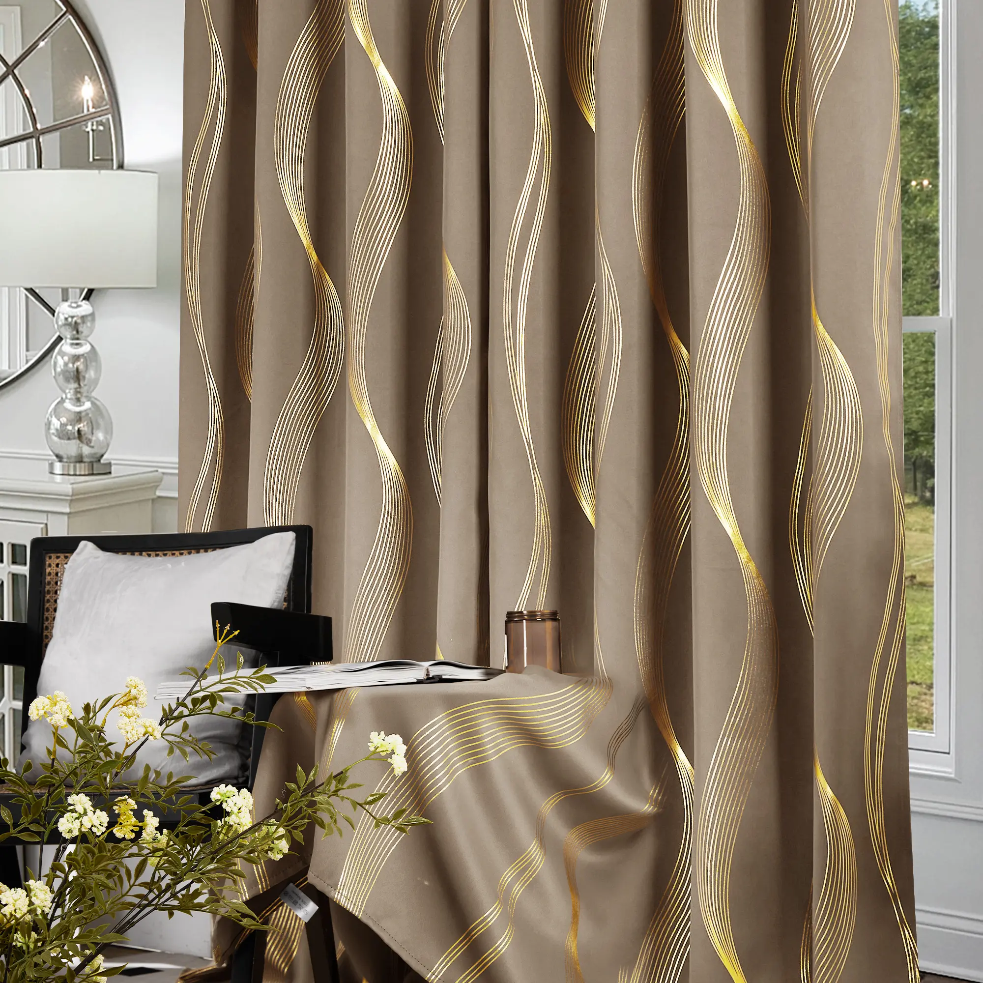 Blackout Curtains 2 panels, Deconovo Room Darkening Golden Foil Print Wave Stripe Thermal Insulated Window Curtains for Living Room curtain Blackout Curtains 2 panels, Deconovo Room Darkening Golden Foil Print Wave Stripe Thermal Insulated Window Curtains for Living Room curtain