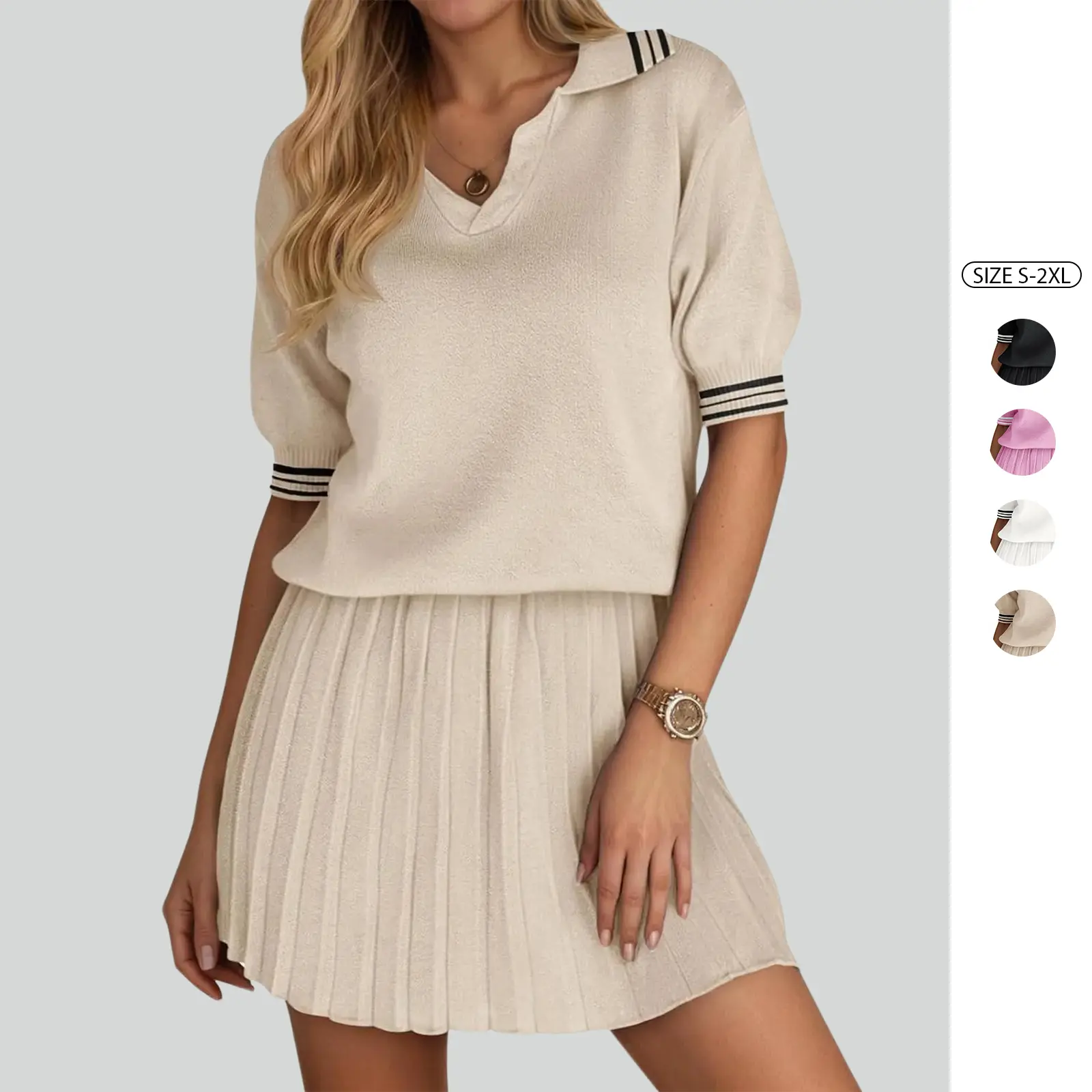 Imily Bela Womens Summer 2 Piece Skirt Sets Short Sleeve V Neck Knit Sweater Tops Pleated Mini Skirt Casual Beach Outfits