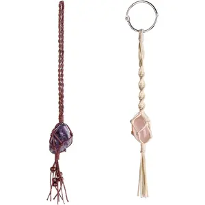 Macrame Crystal Car Charms Handmade Crystal Rear View Mirrior Car Ornament Boho Hanging Crystal, Waxed Rope Wrapped Crystal Hanging for Car Home Decor,Set of 2 Color