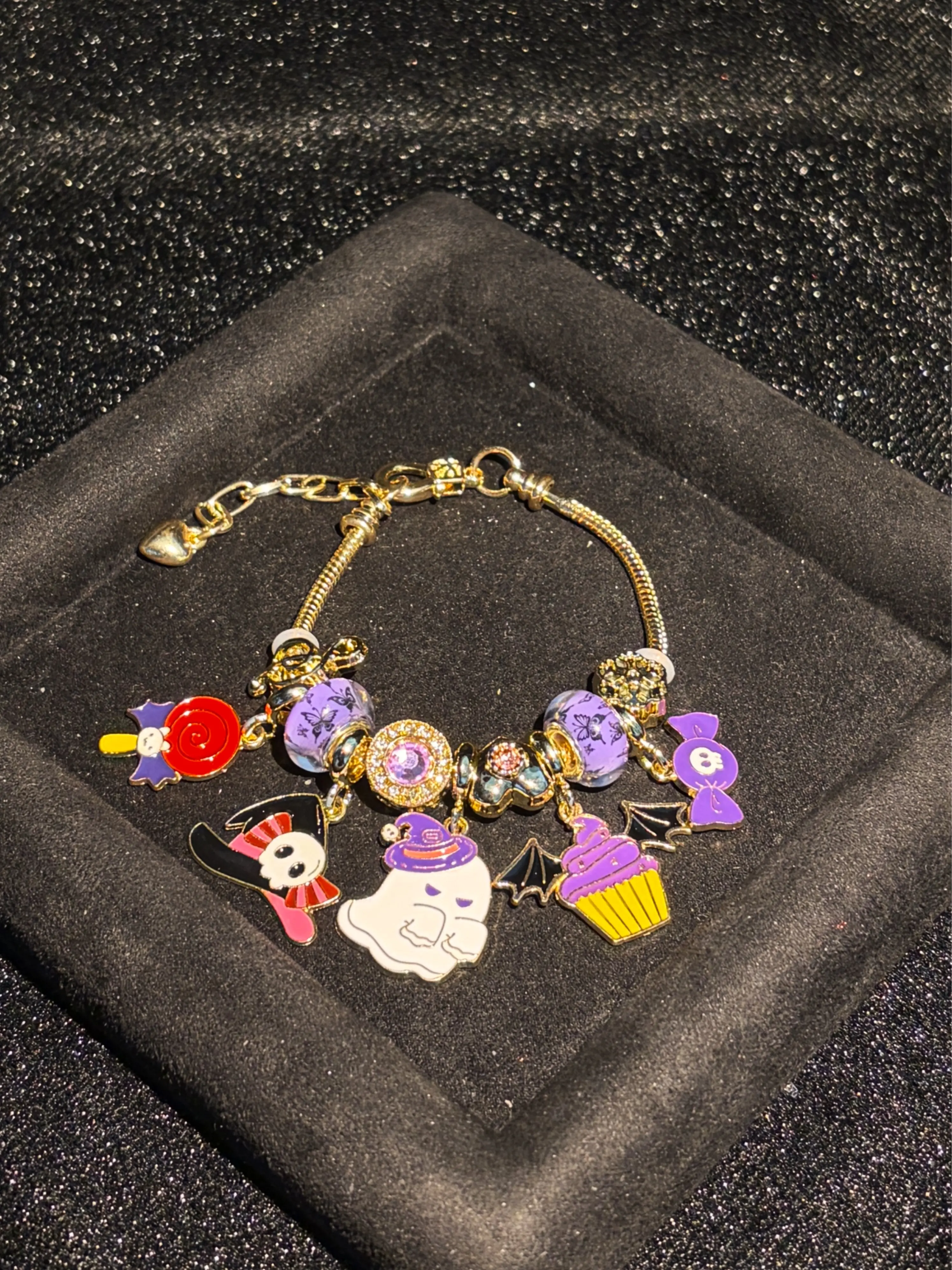 Halloween Multi-Charm Enamel Snake Chain Bracelet, Decorated with Ghost, Bat, Cupcake, Candy, Skull, Stackable Fashion Costume Jewelry Gift for Holiday Occasions
