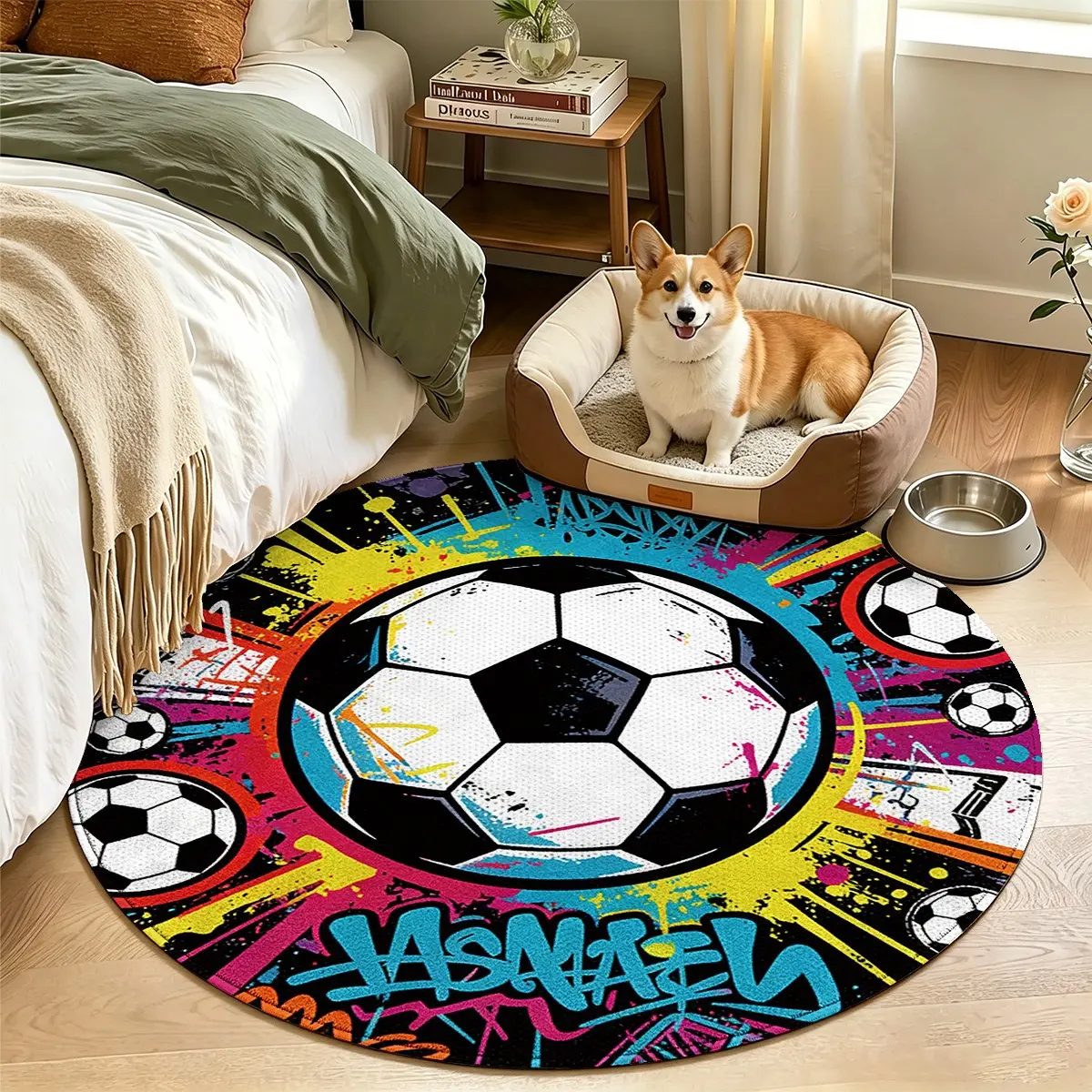 Cool Graffiti Football Print Mat, Foldable Round Carpet, Pet Proof, Home Decor, Living Room, Bedroom, Entryway