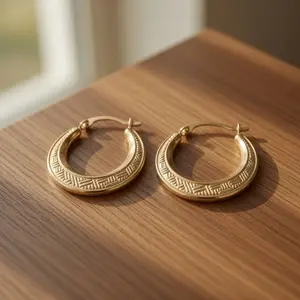 10k Yellow Gold Weave Texture Design Round Shape Hoop Earrings, Diameter 20mm