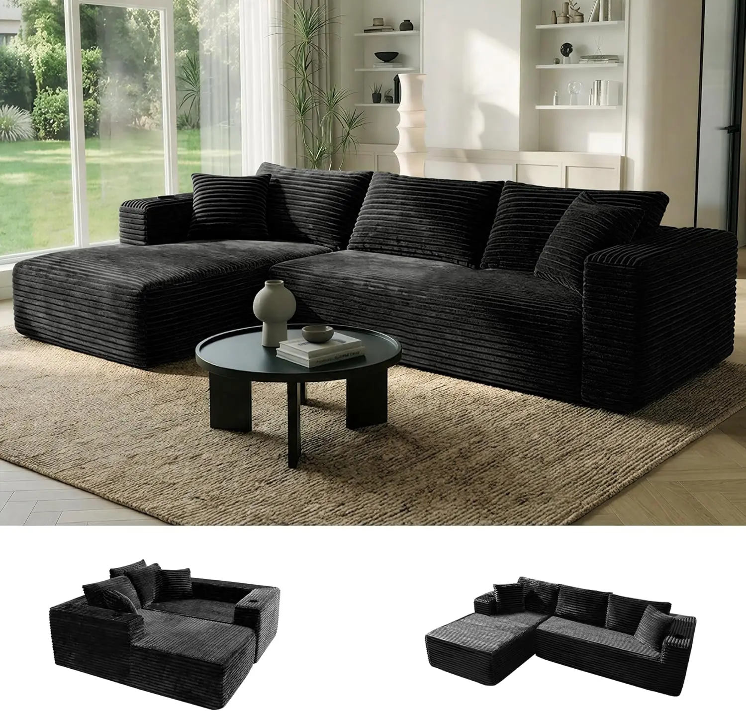 106" Minimalist Modular Cloud Sectional Sleeper Sofa, Boneless Arms L-Shape Couch with Chaise, Convertible Deep Seat Indoor Furniture for Living Room, No Assembly Required, Premium Corduroy