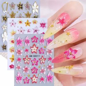 3 Pcs Pink Flower Nail Art Stickers, Flower Design Nails, Spring Floral Pattern DIY Self-Adhesive Nail Decals, Suitable for Women and Girls