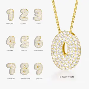 KissYan Bubble Number Necklace, 14K Gold Plated Cubic Zirconia 0-9 Charms Pendant Box Chain Necklace Inspiration Numerology Jewelry for Women Men