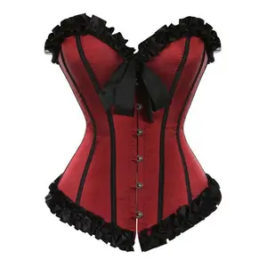 Women’s Sexy Overbust Corset Bustier Top – Vintage Lace-Up Boned Bodyshaper (Red/Pink/Black/White/Blue)