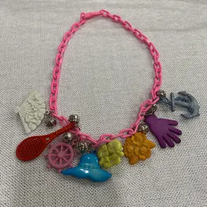 Charm Necklace With 8 Charms Vintage 80s Clip Bell Charms, Hot Pink Chain