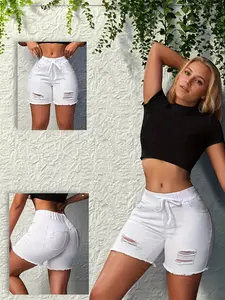 High-Waisted Stretch Ripped Denim Shorts for Women, Drawstring Elastic Waist, Frayed Edge Bike Pants, Slimming and Versatile