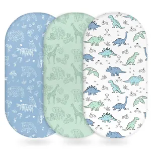 Baby Bassinet Sheets Girl Boy, Fitted Bassinet Sheet Set 3 Pack Bassinet Mattress Sheets Universal Fit for Rectangle, Round, Oval, Hourglass Mattress, Soft Breathable Green & Blue Dinosaur