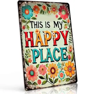 8x12 Inch Aluminum "This Is My Happy Place" Floral Metal Sign – Cheerful Boho Wall Art for Kitchen, Porch & Garden. Colorful Vintage Floral Design, Waterproof & Rust-Free. Perfect for Adding Joy to Any Space.