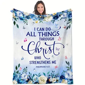 Christian Inspired Floral Throw Blanket "I Can Do All Things Through Christ" Flannel 280GSM Cozy Soft Warm Comfortable Religious Gift Home Decor