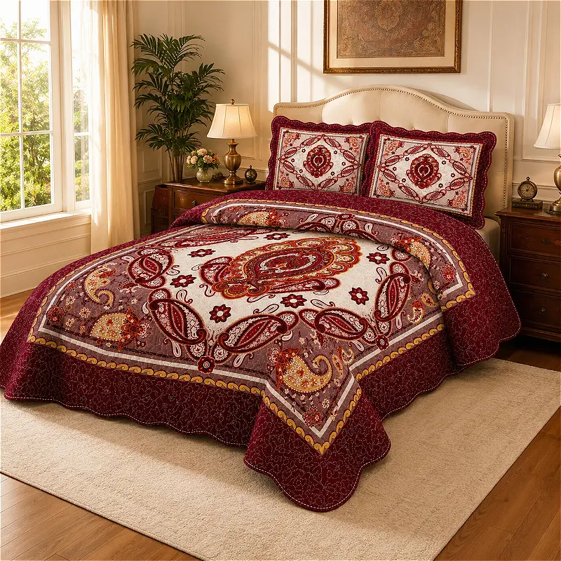 86 X 94 Inch Queen Quilt Suitable for Bedroom - Vintage Bohemian Persian Bedspread with Paisley Medallion Pattern, Burgundy Coverlet, Soft Lightweight Bedding for Farmhouse Boho Decor, Machine Washable All-Season Bedspread