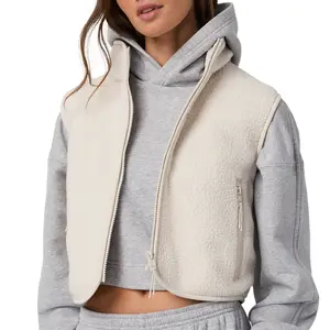 Songling  Short Fleece Vest Women Zip-Up Stand Collar Snow Leopard Vest Cute Sleeveless Fleece Vest with Pockets for Fall Cropped Fabric Womenswear Tops  Casual Winter Beige Basic