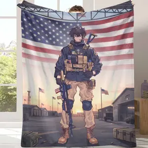 Anime Soldier Flannel Fleece Blanket Patriot American Flag Tactical Theme UltraSoft Lightweight Breathable Cozy Warm Throw Perfect for Living Room Couch Sofa Bed Camping Office Nap Outdoor Travel Gifts