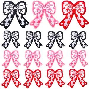 12pcs Bow Checkered Iron On Patches Colorful Square Checker Racing Bowknots Embroidered Sew-on Repair Applique Embellishments for DIY Clothes Shirts Hats Jeans Backpacks Crafts
