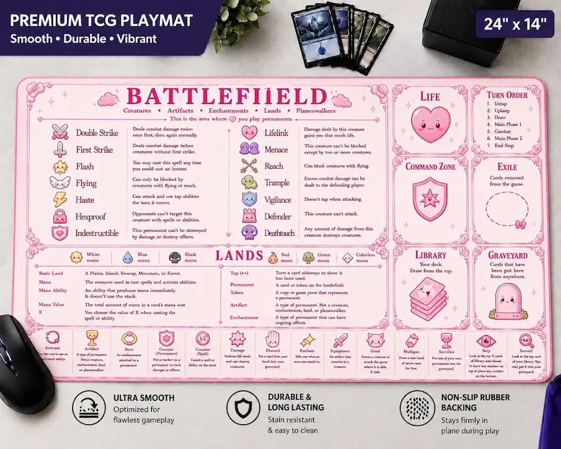 Cute MTG playmat for beginners, | How to play Magic The Gathering Commander Pink Playmat with Zones & Keyword Guide Learn to play Magic!