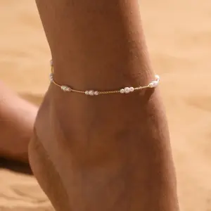 Kyerlyn Dainty Stackable Pearl Anklet for Women, 14K Gold Plated Waterproof Tarnish Free Hypoallergenic Summer Beach Foot Jewelry Suit for Pool Parties
