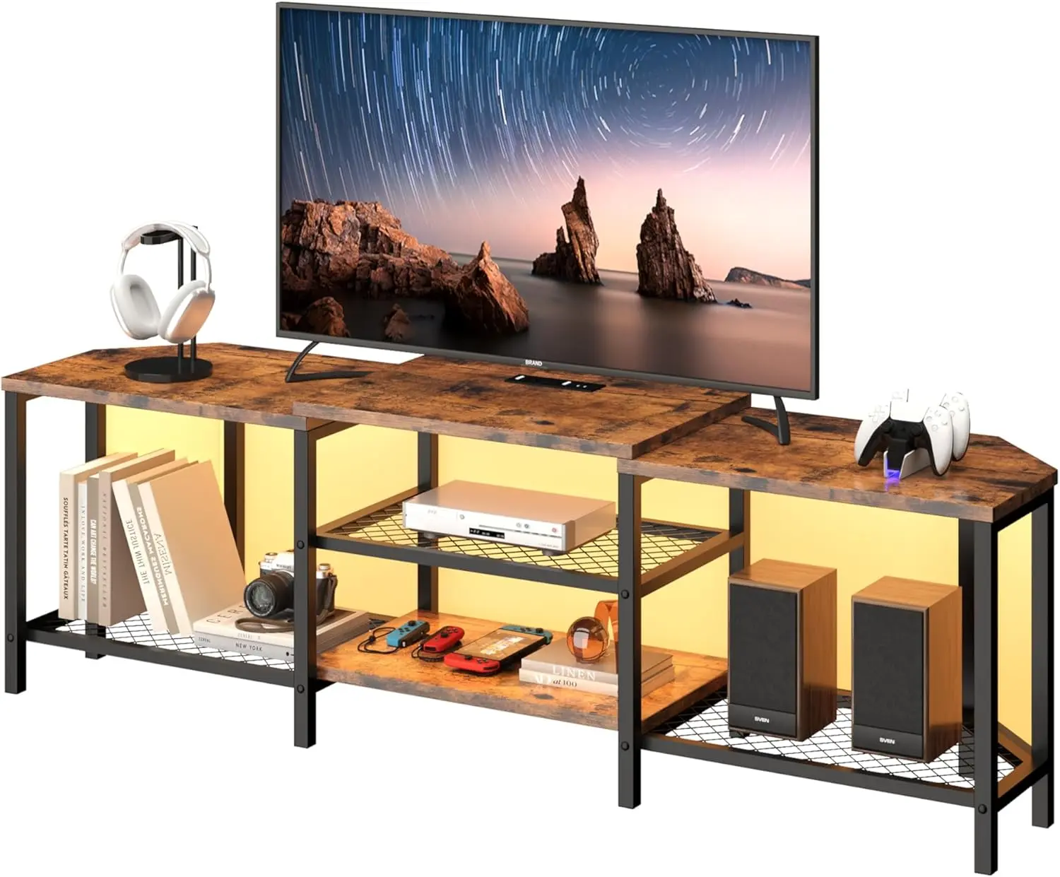 TV Stand with Power Outlet for TVs up to 75 Inches,66.9" Corner Entertainment Center,TV Media Console Table with 3-Tier Open Storage Shelves for Living Room, Bedroom