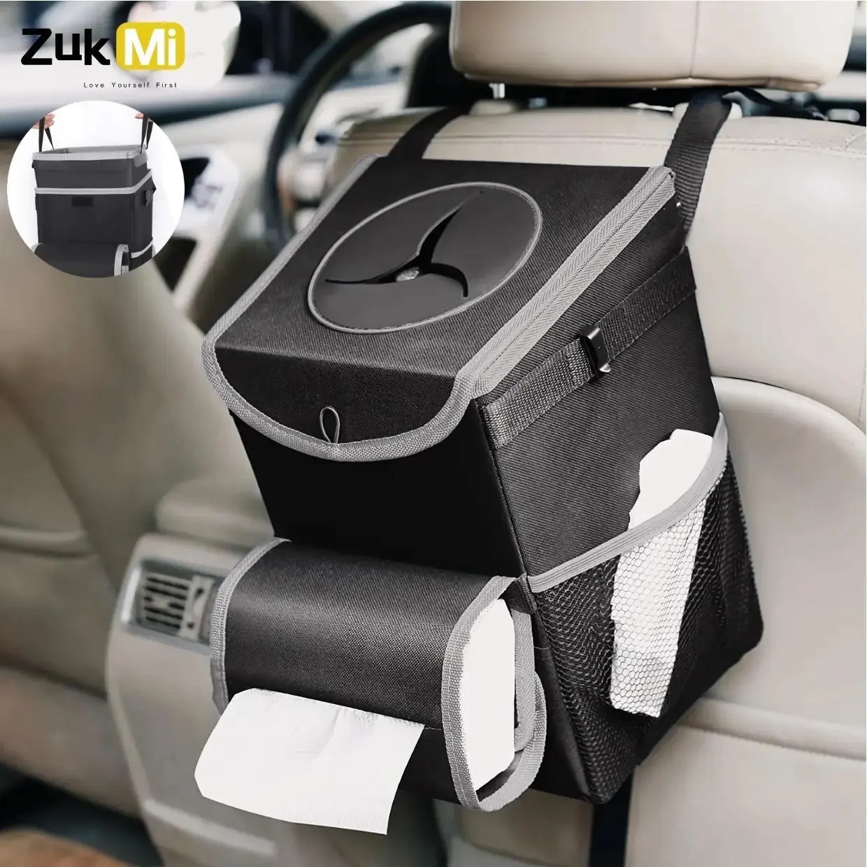 Zukmi Car Trash Can with Lid for Summer, 3.5 Gallons Automotive Garbage Cans with Removable Leak-proof Liner, Adjustable Tissue Holder & Storage Pockets, Large Capacity Foldable Car Trash Bin
