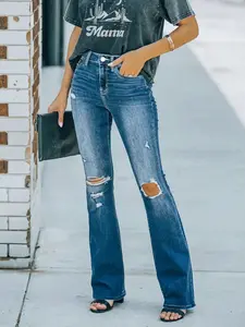 Women's High-Waisted No-Gap Ripped Fitted Flare Jeans - Vintage Blue, Slimming, No Knee Bagging Denim Bottoms, Everyday Trousers
