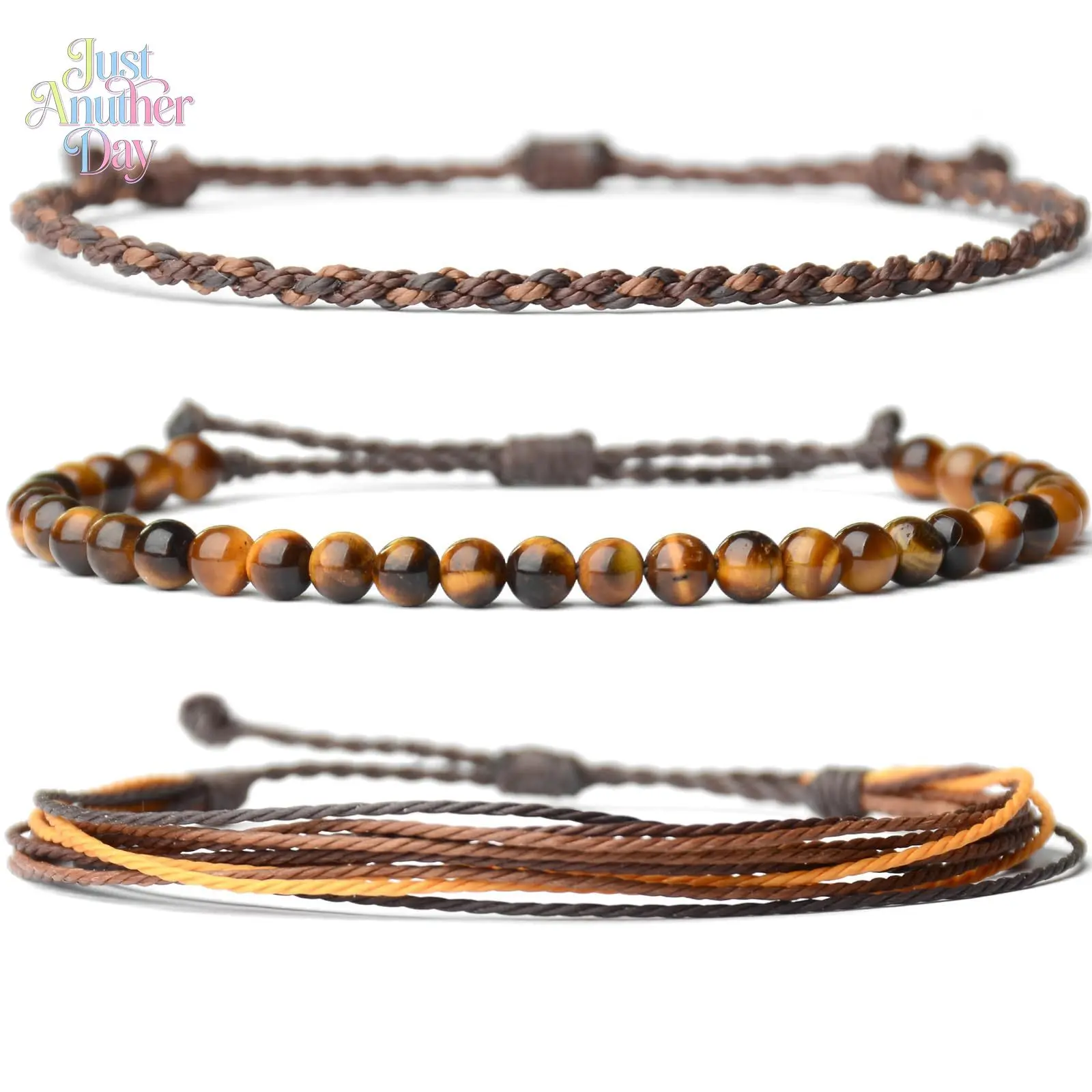 3Pcs Natural Stone Bracelet Set, 6mm Tiger's Eye, Obsidian & Volcanic Stone Beaded Bracelets, Hand-Woven Braided Cord Stackable Jewelry