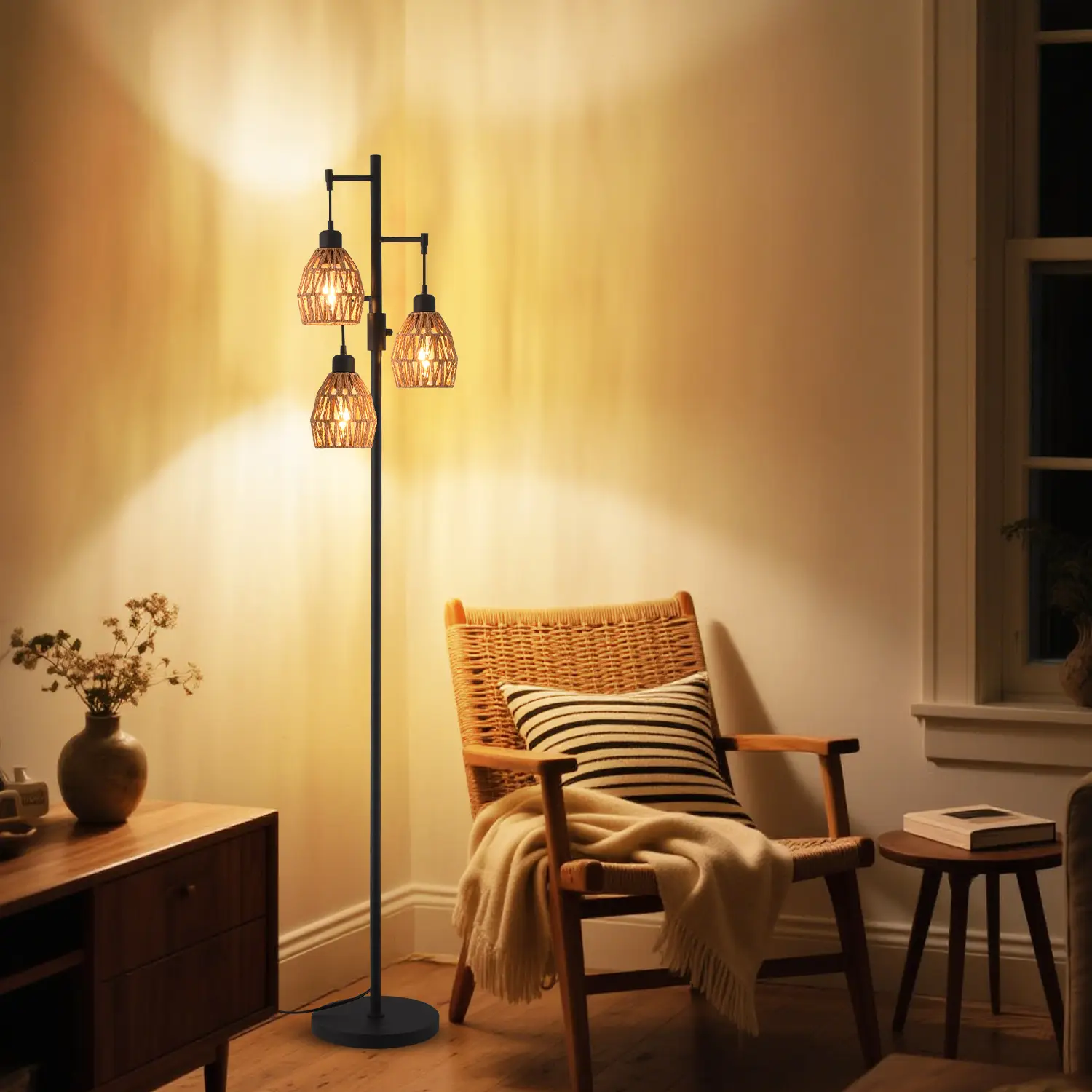 Boho Rattan Floor Lamp, 70'' Dimmable Standing Lamp with cage shade, Vintage farmhouse floor lamp, Corner Floor Lamp, Perfect for living room, bedroom