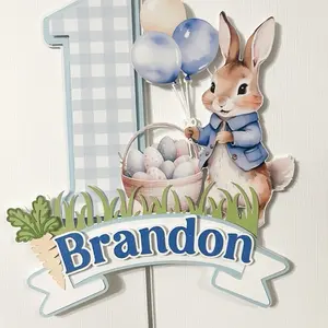 Peter Rabbit Customized Easter Cake Topper - Personalized First Easter Birthday Decoration with Basket and Eggs