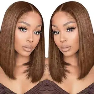 13X4 Straight #4 Brown Bob Wig Human Hair Glueless Lace Frontal Wigs Pre Plucked With Baby Hair 100% Unprocessed HD Transparent Blunt Cut Chocolate Brown Bob Lace Front Wigs For Black Women 10 Inch