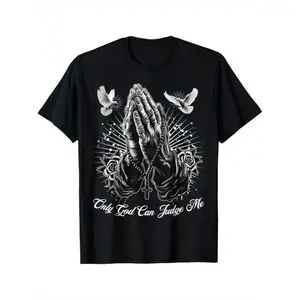 Only God Can Judge Me Prayer Hands Chicano Tattoo Doves T-Shirt, for Students, daily wear, holiday trip, minimalist design, quick-dry moisture wicking, vintage style,tees,T-Shirt for Men Women