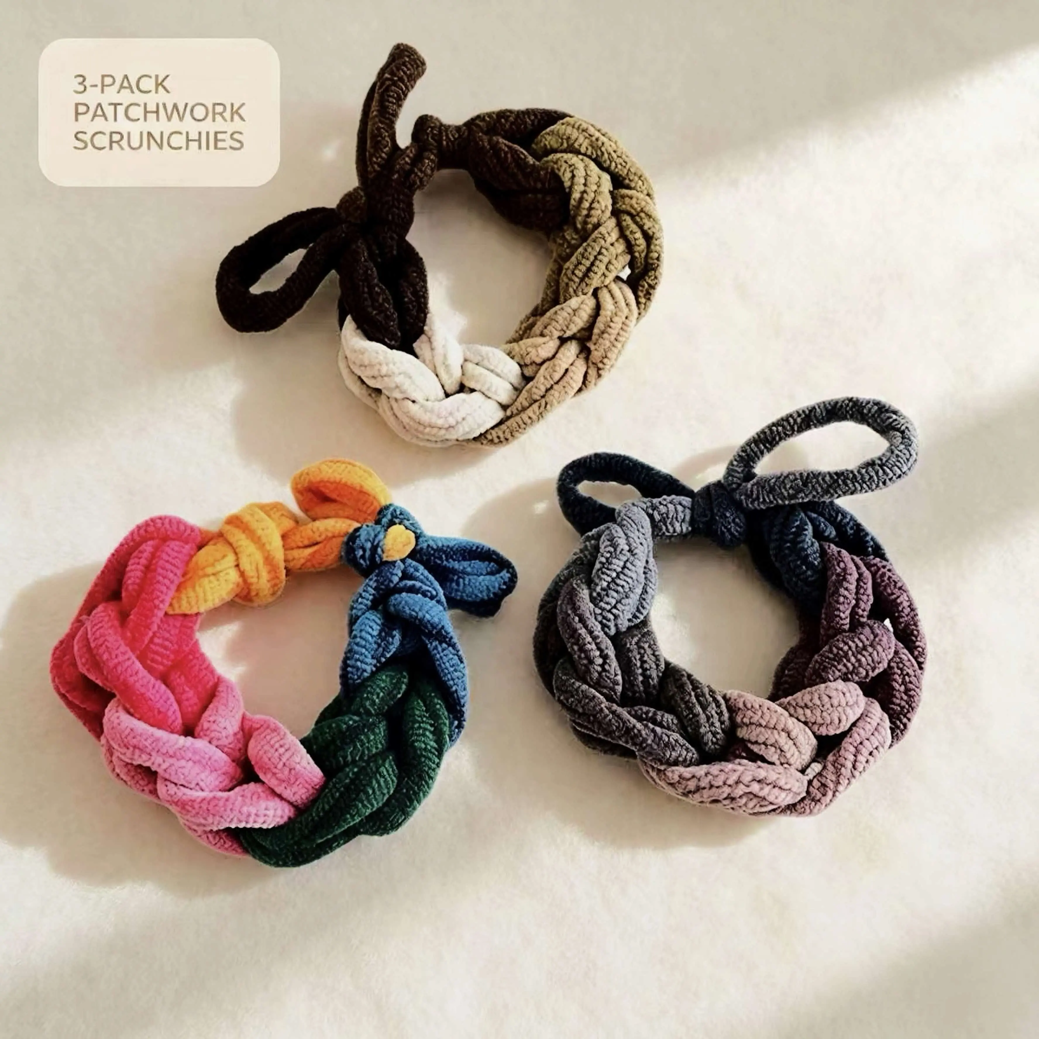 3-Pack Patchwork Soft Fabric Scrunchies for Women, Aesthetic Elastic Hair Ties, Cute Hair Bands for Messy Buns, Ponytails & Daily Casual Wear, Elastic Tie Band, Scrunchies For Hair