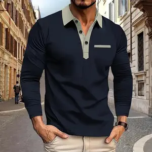 Men’s long-sleeve polo shirt for spring and autumn, business casual, classic fashion, European/American style, plus sizes available