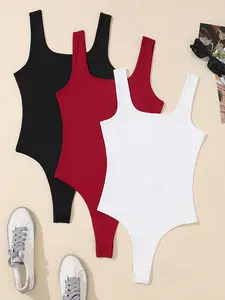 Solid Square Neck One-Piece Bodysuit 3-Pack, Casual Sleeveless Tank Top Bodysuit, Women's Clothing