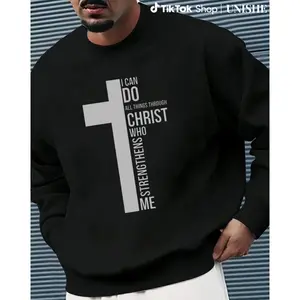 Men’s Faith Sweatshirt in Black with Gray Cross and Inspirational Long Sleeve Text Prints