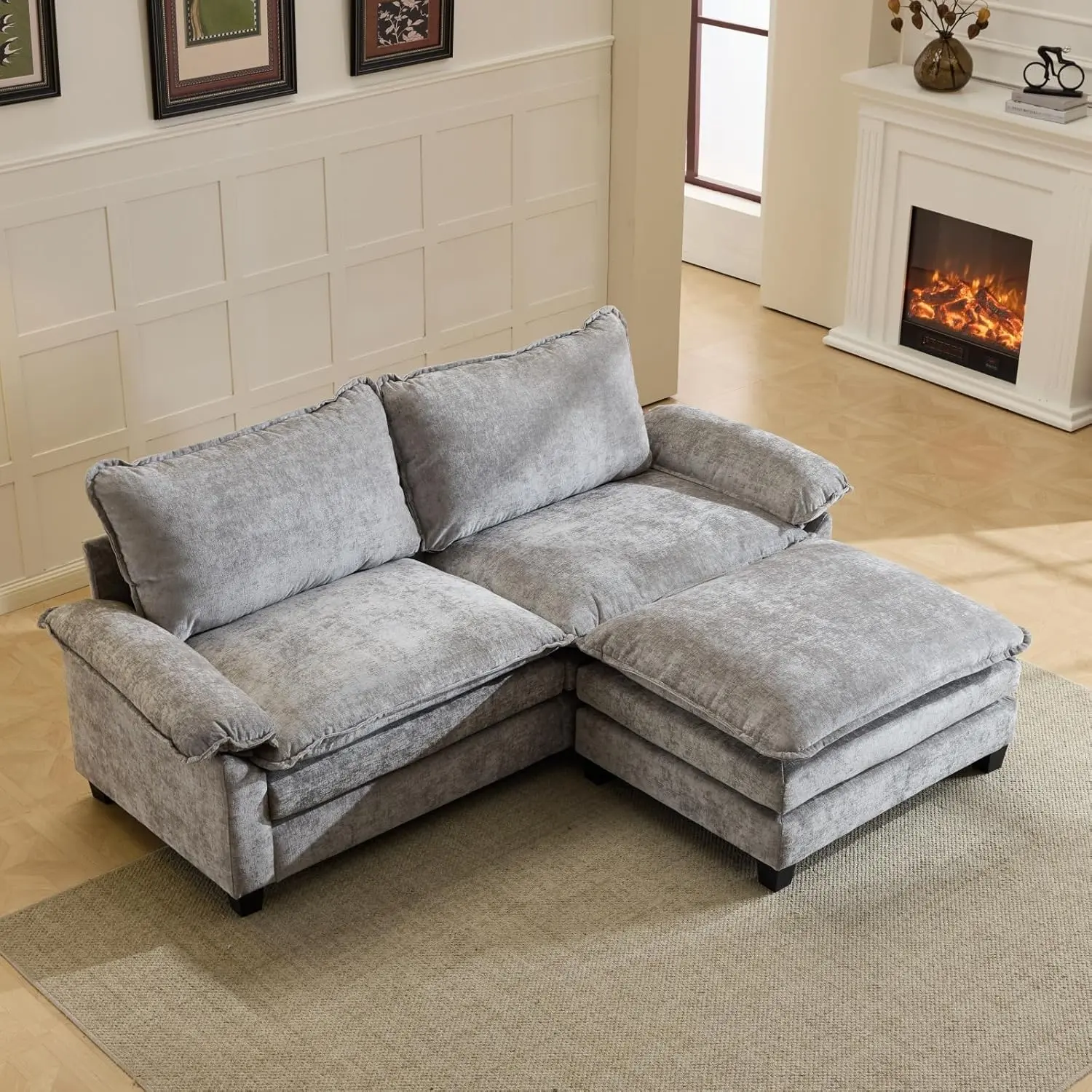 VINGLI Plush L-Shaped Sectional Sofa, 87/112in Double-Layer 2-Seater Comfy Cloud Couch with 1 Ottoman, Sturdy Nylon Cloth Indoor Living Room Furniture for Small Spaces & Apartments
