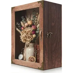 Shadow Box Frame 11x13, Depth 5in Shadow Boxes Display Cases, Rustic Burnt ,  Metal Accents,  Door, Metal Handle and Latch, Linen