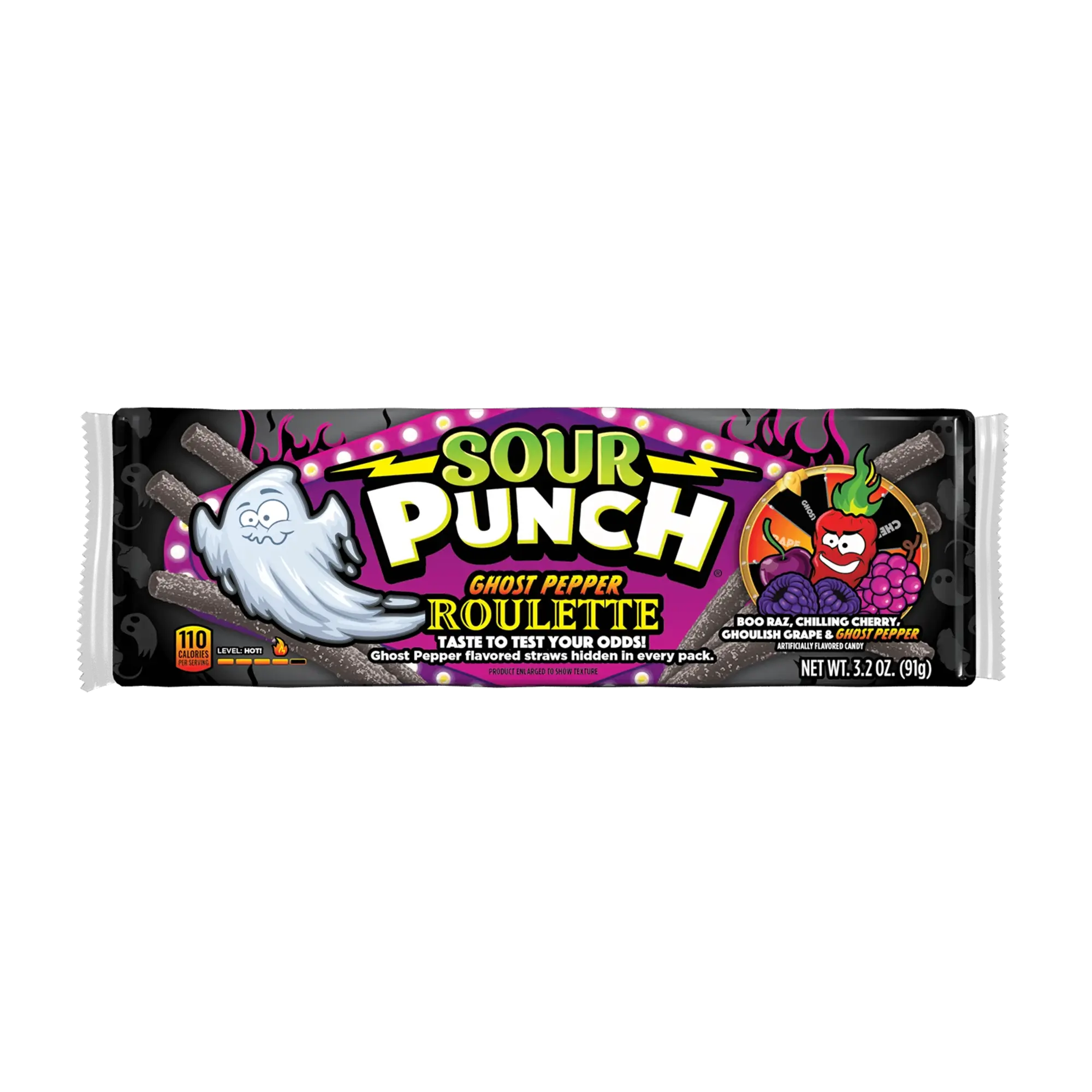Sour Punch Ghost Pepper Roulette Chewy Candy Straws, 3.2oz Tray