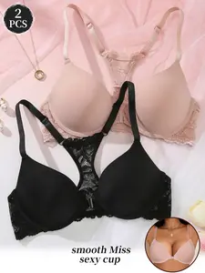 2PCS Women Underwear Lace Underwire Bra, Front Closure Push-Up Bra, Seamless Deep V Plunge, Anti-Sagging Comfortable Adjustable Straps, Backless Bralette for Daily Wear & Date Night