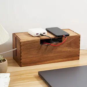 Acacia   Management Box, Wooden Cord Hider & Organizer for Power Strip, Electrical Hiding, TV Wires, Desk & Floor Cables - Office Under Desk  Storage Box for Wire