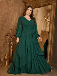 Elegant Heart Neck Long Sleeve Fitted Woven Dress, Slimming Waist Pleated Maxi Skirt, Country Style Party Gown, Women's Fashion Clothing