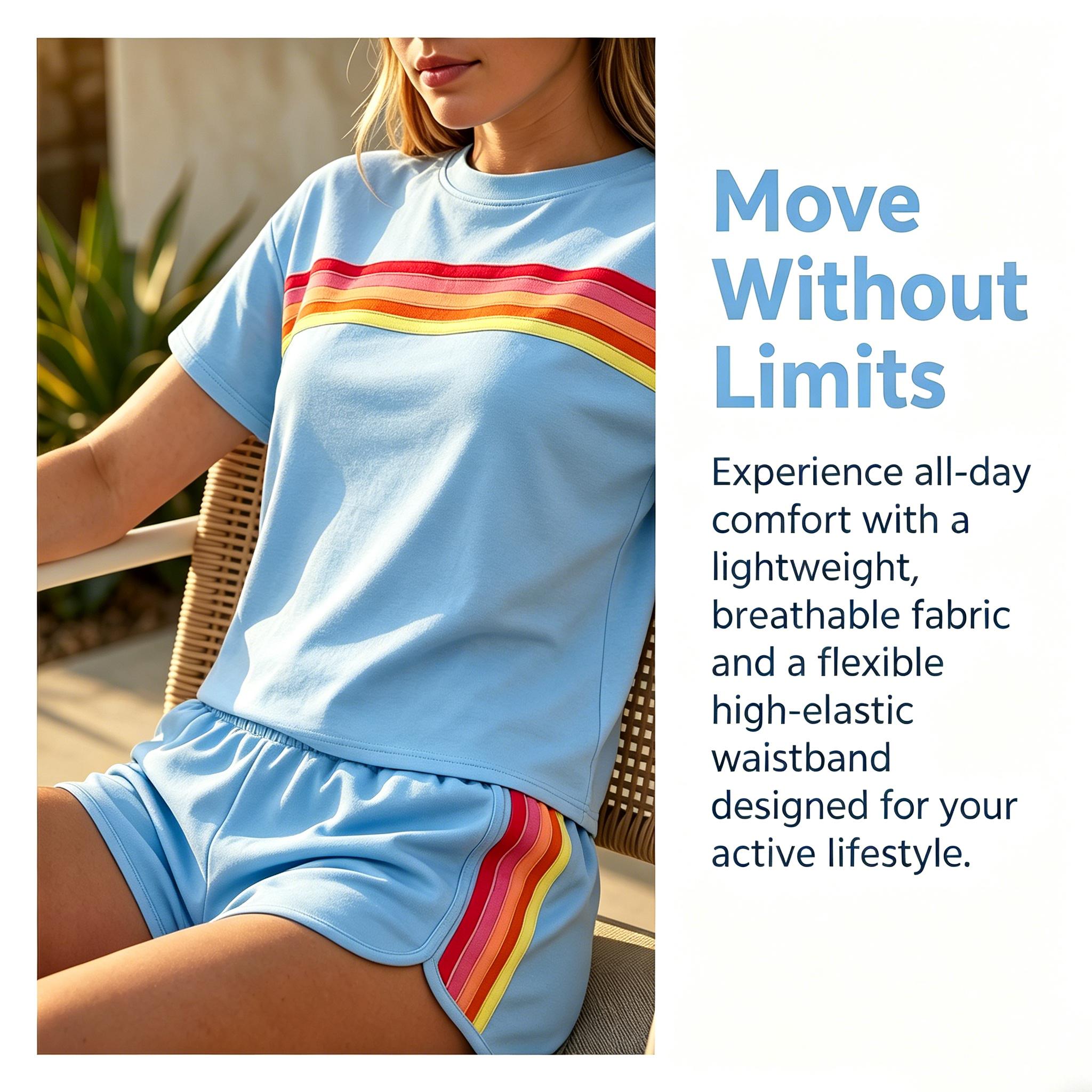Women's Short 2-Piece Rainbow Strip Outdoor Sportswear Set - Loose Fit Crop Top & Bottoms, Solid Round Neck, Short Sleeves, Lightweight Breathable Blend Clothing, Baby Blue, Baseball Use, Light Spandex Women's Clothes tiktokshopspringglowup, 2 Piece Sets, Women's Short 2-Piece Rainbow Strip Outdoor Sportswear Set - Loose Fit Crop Top & Bottoms, Solid Round Neck, Short Sleeves, Lightweight Breathable Blend Clothing, Baby Blue, Baseball Use, Light Spandex Women's Clothes tiktokshopspringglowup, 2 Piece Sets,