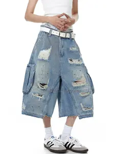 Women'S Pants Distressed Workwear Style High-Waisted Ripped Paint-Splattered Jean Shorts Womens Streetwear Vibe Suitable For Hip-Hop And Trendy Casual Outfits