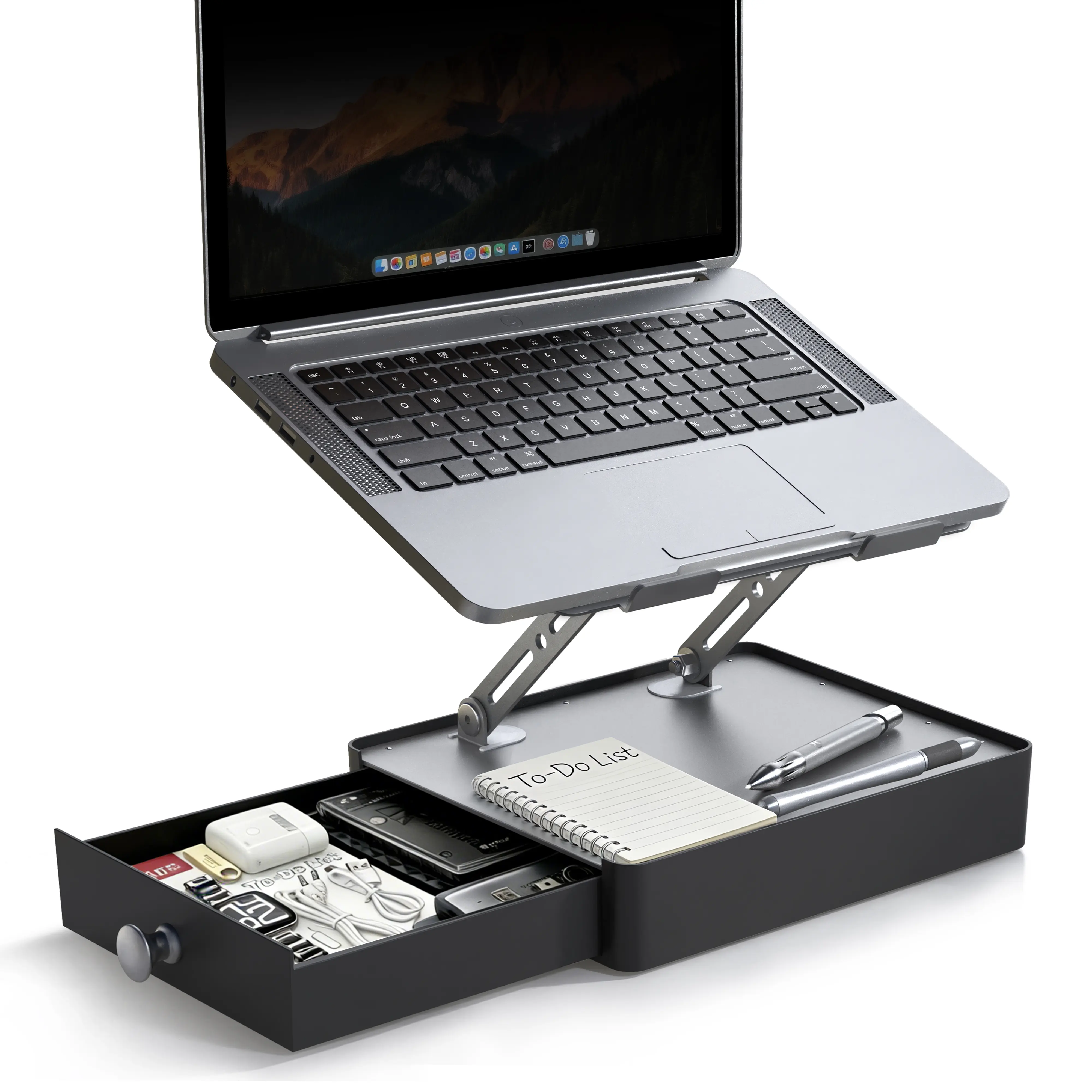 Laptop Stand with Storage Drawer, Adjustable Ergonomic Laptop Riser for Desk, Heavy-Duty Metal Stand for 10–16” Laptops, Space-Saving Desk Organizer for Remote Work & Home Office, Gray