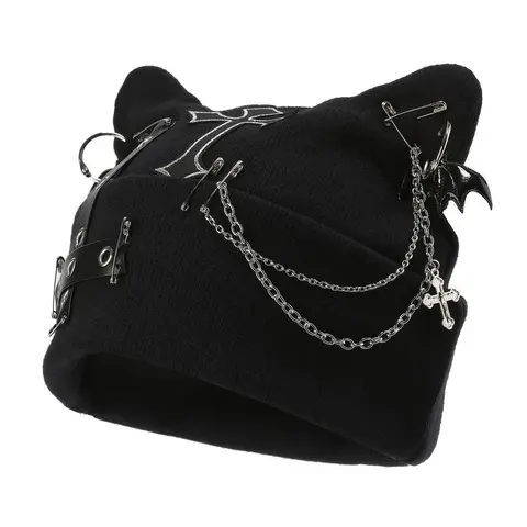 Women's Gothic Style Acrylic Knit Beanie - Punk Chain Accents, Bat Charm, Adjustable, 21.2-22.8in One Size, Hand Wash Only, Daily Everyday Winter Streetwear Hat for Birthday, Party Occasions