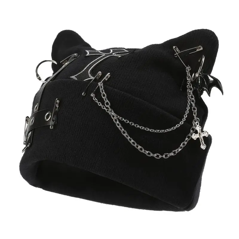 Women's Gothic Cat Ear Knit Beanie with Punk Chain & Bat Charm, Adjustable Winter Streetwear Accessory, Fits 21.2-22.8in, Gothic Style, Engagement